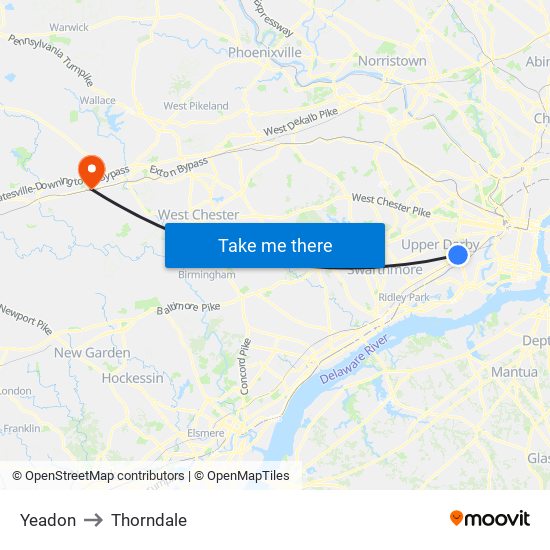 Yeadon to Thorndale map