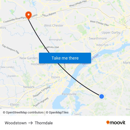 Woodstown to Thorndale map