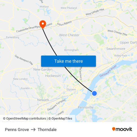 Penns Grove to Thorndale map