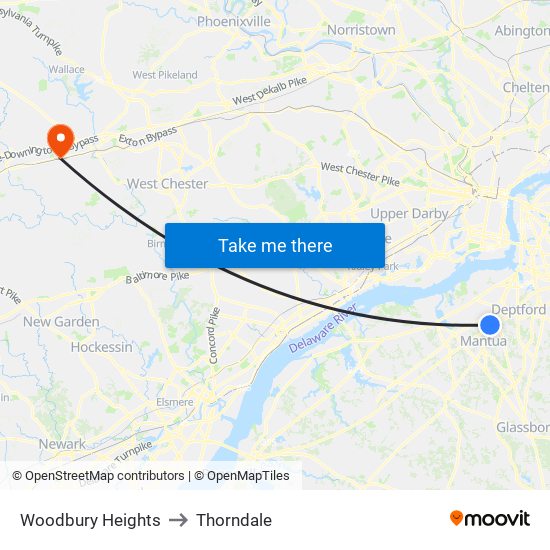 Woodbury Heights to Thorndale map