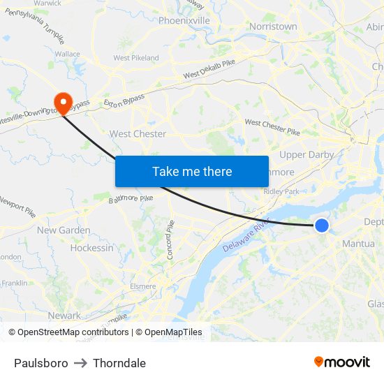 Paulsboro to Thorndale map