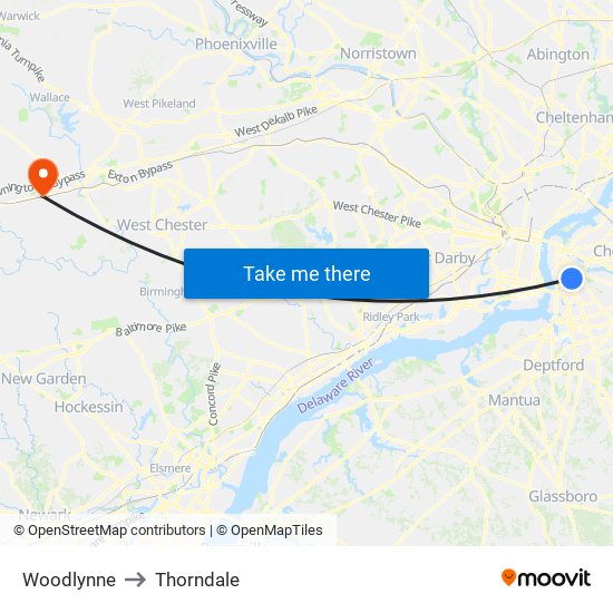 Woodlynne to Thorndale map