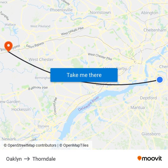 Oaklyn to Thorndale map