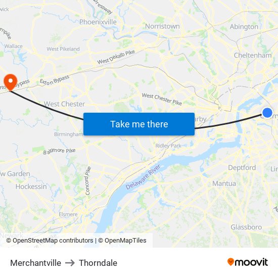 Merchantville to Thorndale map