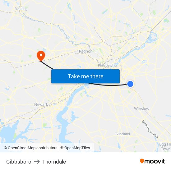 Gibbsboro to Thorndale map