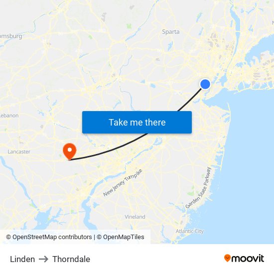 Linden to Thorndale map