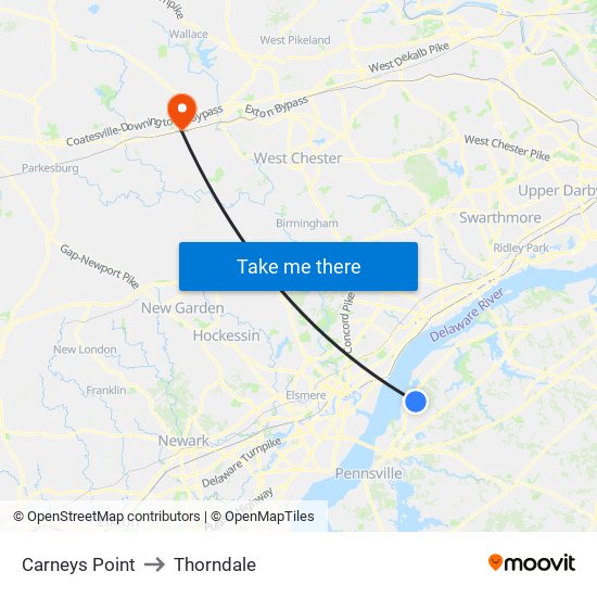 Carneys Point to Thorndale map
