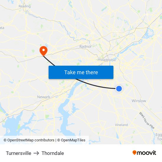 Turnersville to Thorndale map