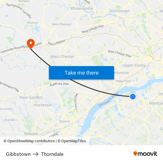 Gibbstown to Thorndale map