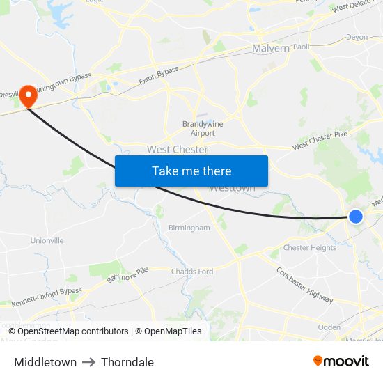 Middletown to Thorndale map