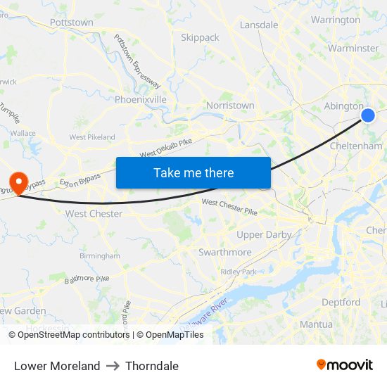 Lower Moreland to Thorndale map