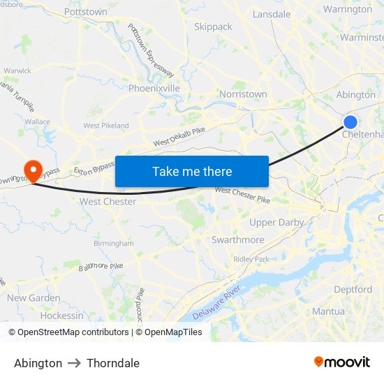 Abington to Thorndale map