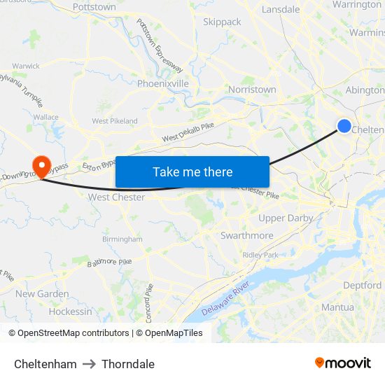 Cheltenham to Thorndale map