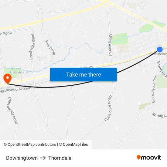 Downingtown to Thorndale map