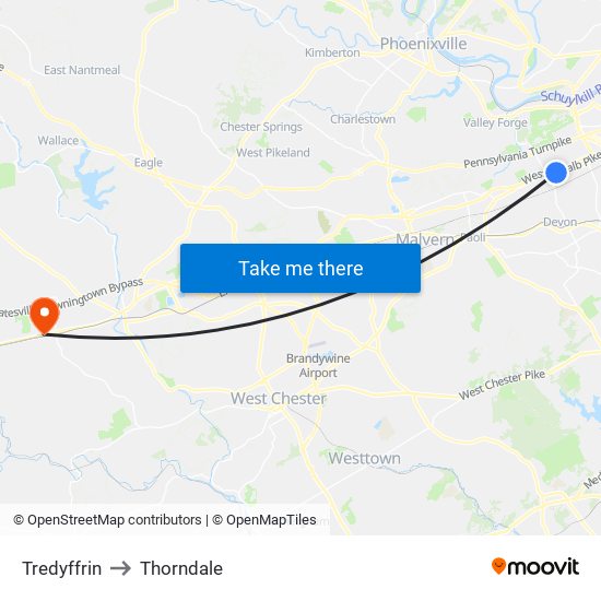 Tredyffrin to Thorndale map