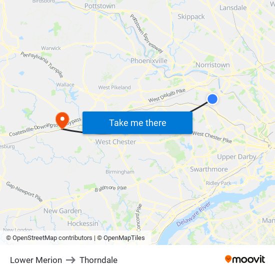 Lower Merion to Thorndale map