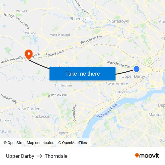 Upper Darby to Thorndale map