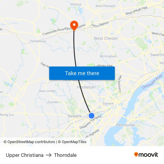 Upper Christiana to Thorndale map