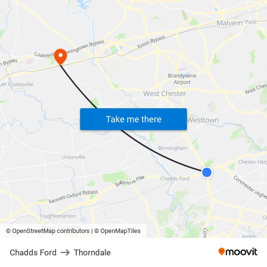 Chadds Ford to Thorndale map