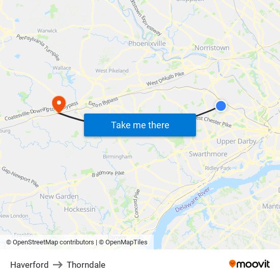 Haverford to Thorndale map