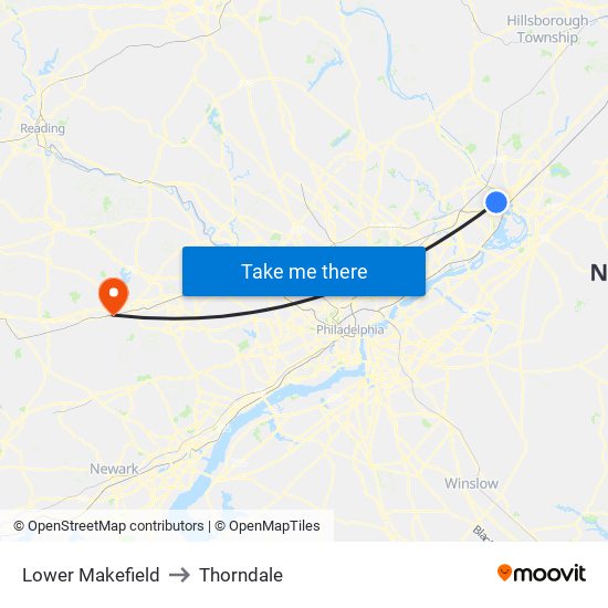Lower Makefield to Thorndale map