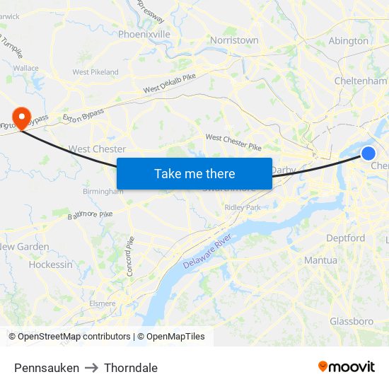 Pennsauken to Thorndale map