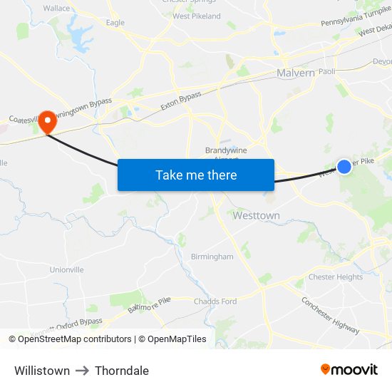 Willistown to Thorndale map
