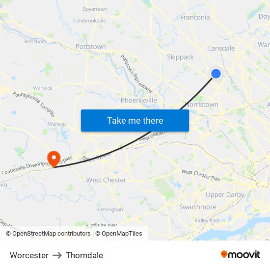 Worcester to Thorndale map