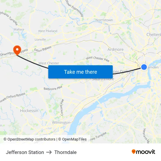 Jefferson Station to Thorndale map