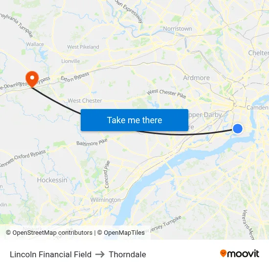 Lincoln Financial Field to Thorndale map