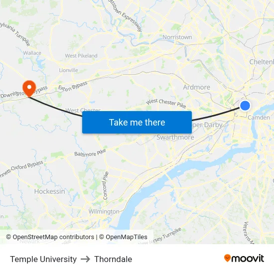 Temple University to Thorndale map