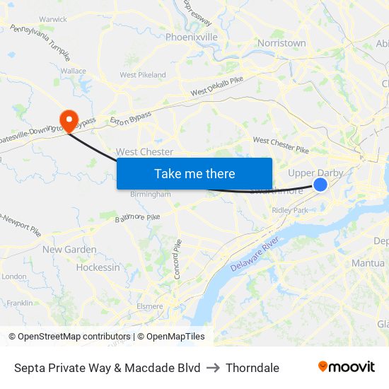 Septa Private Way & Macdade Blvd to Thorndale map