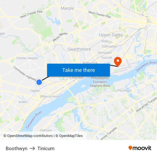 Boothwyn to Tinicum map