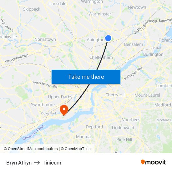 Bryn Athyn to Tinicum map