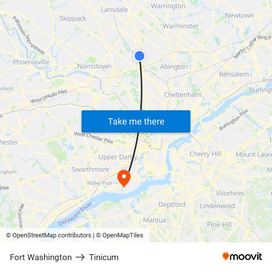 Fort Washington to Tinicum map