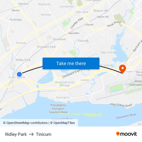 Ridley Park to Tinicum map