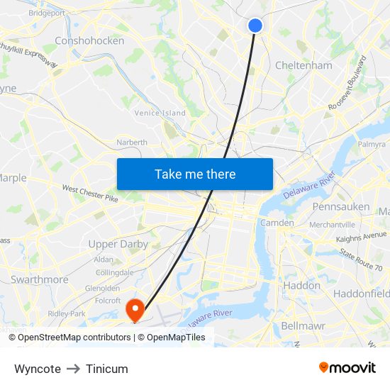 Wyncote to Tinicum map