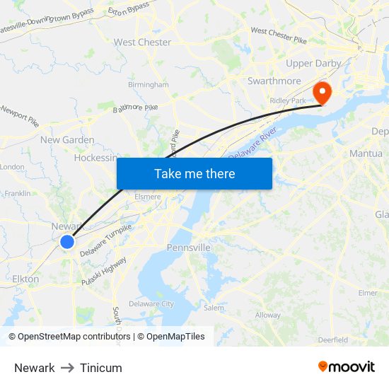 Newark to Tinicum map