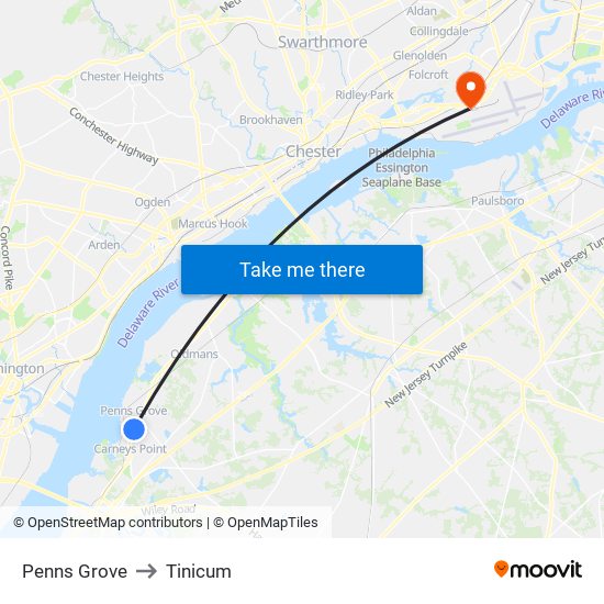 Penns Grove to Tinicum map
