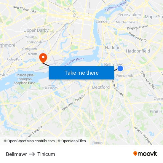 Bellmawr to Tinicum map