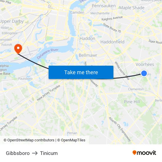 Gibbsboro to Tinicum map