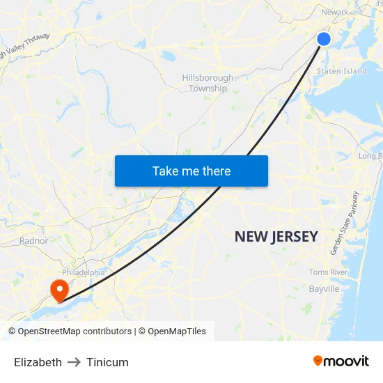 Elizabeth to Tinicum map