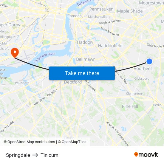 Springdale to Tinicum map