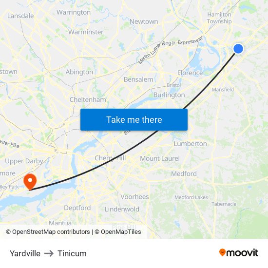 Yardville to Tinicum map