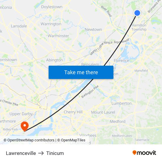 Lawrenceville to Tinicum map