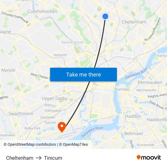 Cheltenham to Tinicum map