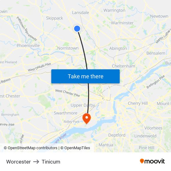 Worcester to Tinicum map
