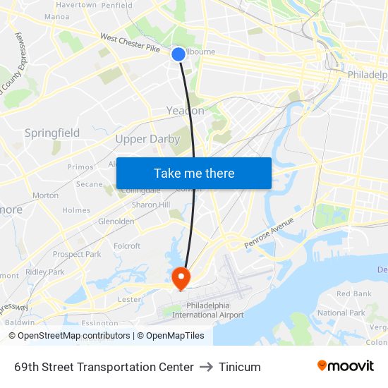 69th Street Transportation Center to Tinicum map