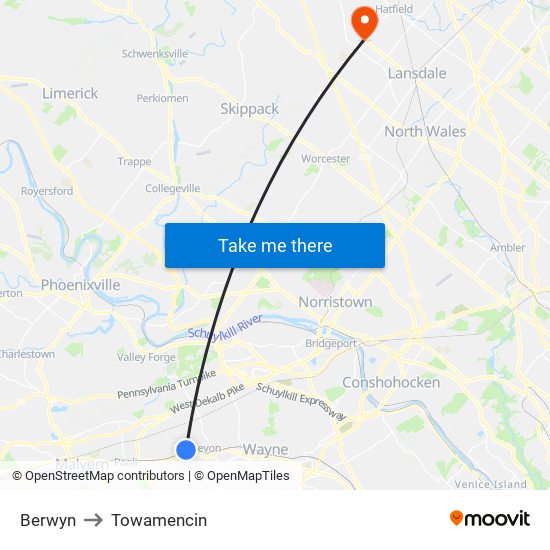 Berwyn to Towamencin map