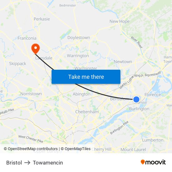 Bristol to Towamencin map